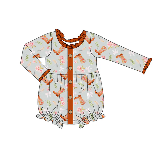 6.2 Preorder (moq 5)Baby Girls Long Ruffle Sleeves Boots Flowers Bows Button Rompers