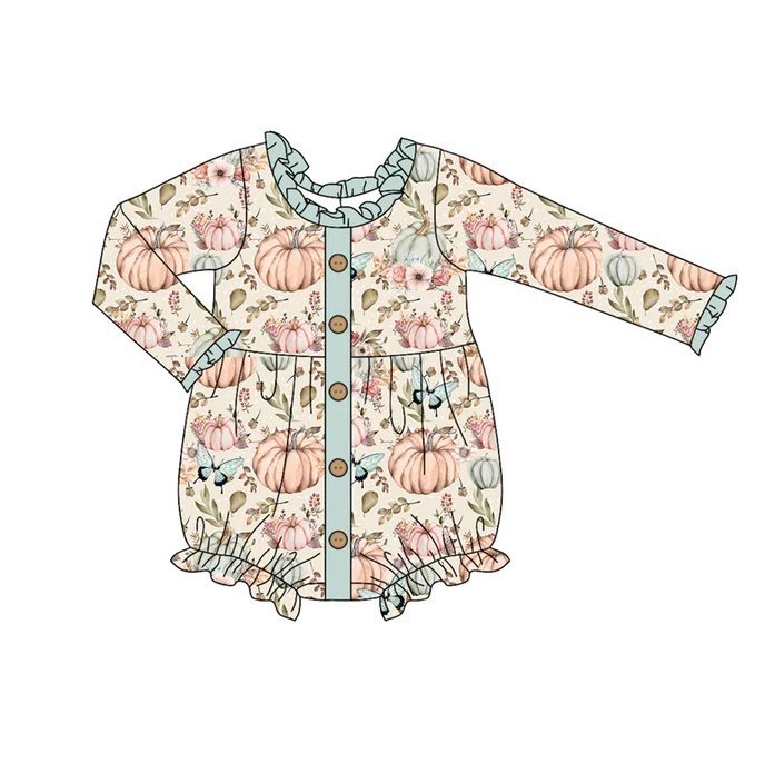 6.2 Preorder (moq 5)Baby Girls Long Ruffle Sleeves Pumpkins Butterfly Button Rompers