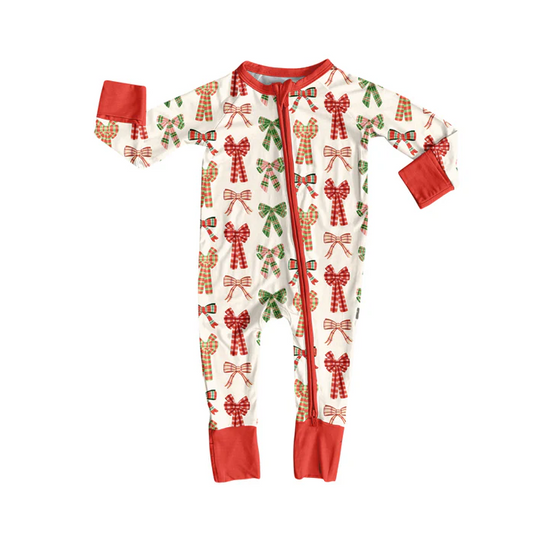 6.2 Preorder (moq 5)Baby Girls Long Sleeves Green Red Plaid Bows Zipper Pant Rompers