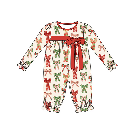 6.2 Preorder (moq 5)Baby Girls Long Ruffle Sleeves Green Red Plaid Bows Pant Rompers