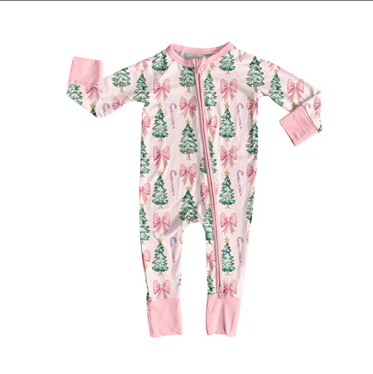 6.2 Preorder (moq 5)Baby Girls Long Sleeves Pink Bows Trees Candy Cane Zipper Rompers