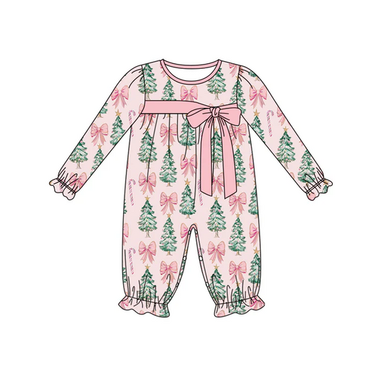 6.2 Preorder (moq 5)Baby Girls Long Ruffle Sleeves Pink Bows Trees Candy Cane Pant Rompers