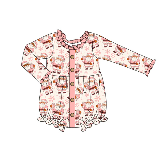 6.2 Preorder (moq 5)Baby Girls Long Ruffle Sleeves Pink Santa Snowflake Button Rompers