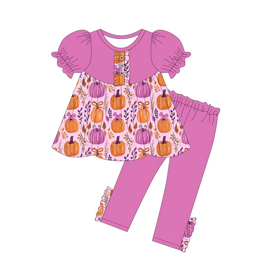 6.2 Preorder (moq 5)Baby Girls Hot Pink Short Ruffle Sleeves Floral Pumpkins Button Tunic Legging Pant Sets