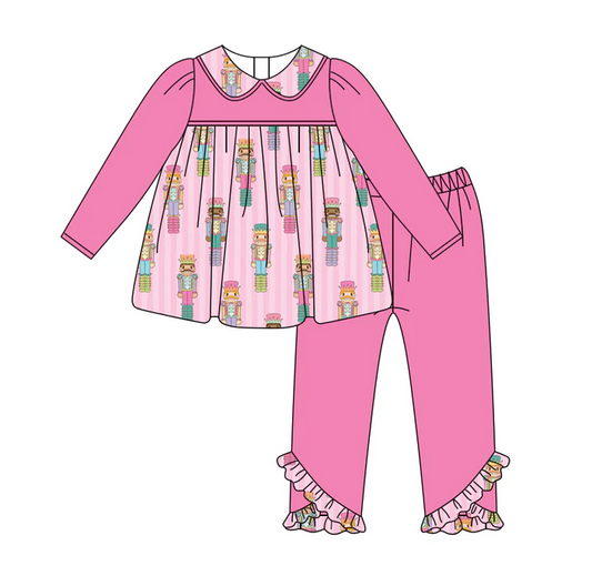 6.2 Preorder (moq 5)Baby Girls Hot Pink Long Sleeves Soldier Stripe Tunic Ruffle Pant Sets