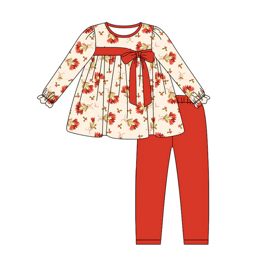 6.2 Preorder (moq 5)Baby Girls Long Ruffle Sleeves Red Leaves Bows Tunic Legging Pants Sets
