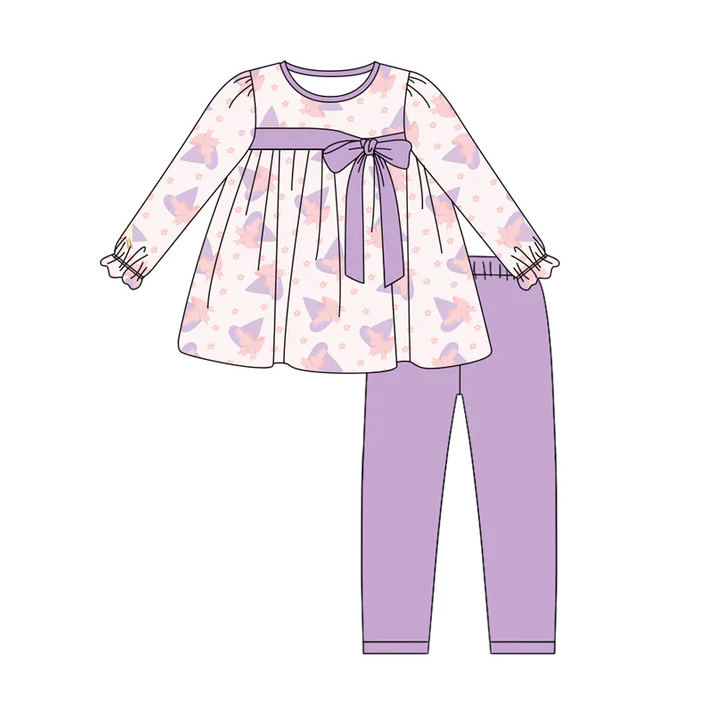 6.2 Preorder (moq 5)Baby Girls Long Ruffle Magic Hats Stars Tunic Lavender Legging Pant Sets