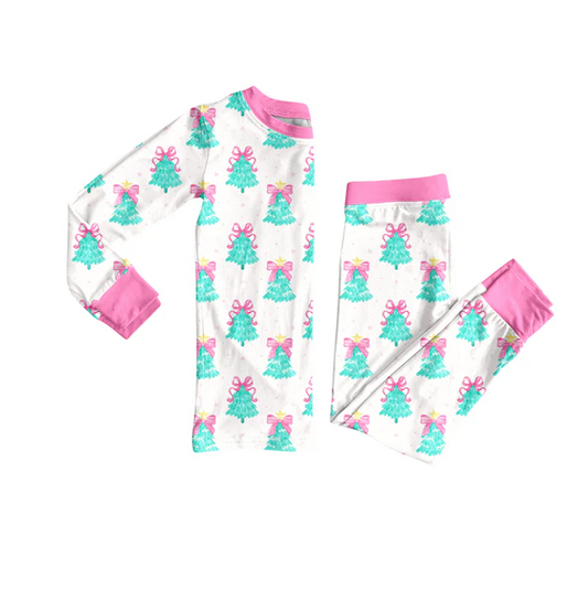 6.2 Preorder (moq 5)Baby Girls Long Sleeves Bows Trees Plaid Top Pant Pajamas Sets
