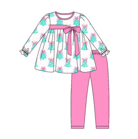 6.2 Preorder (moq 5)Baby Girls Long Ruffle Sleeves Trees Plaid Tunic Pink Legging Pant Sets