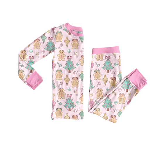6.2 Preorder (moq 5)Baby Girls Long Sleeves Pink Trees Gingerbread Top Pant Pajamas Sets