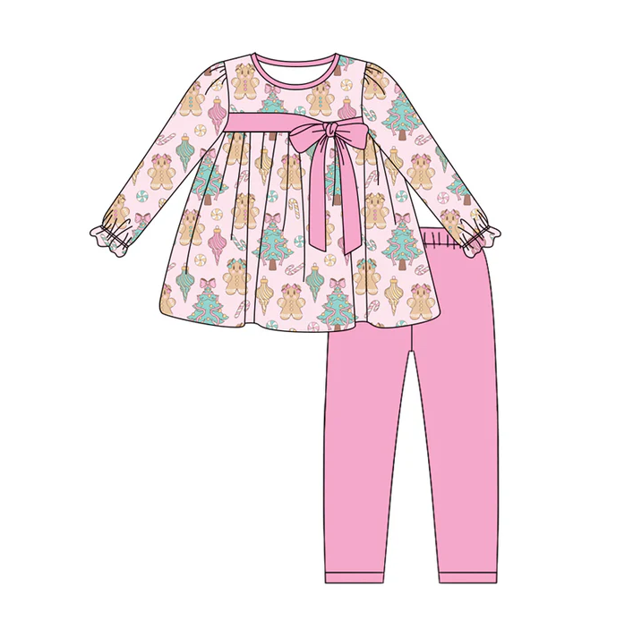 6.2 Preorder (moq 5)Baby Girls Long Sleeves Pink Trees Gingerbread Tunic Legging Pant Sets