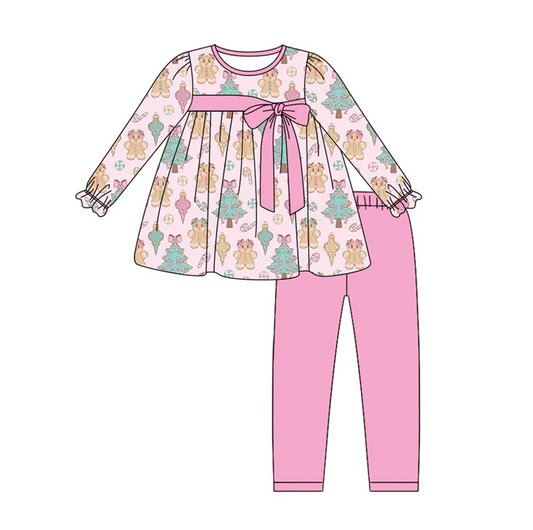 6.2 Preorder (moq 5)Baby Girls Long Sleeves Pink Trees Gingerbread Tunic Legging Pant Sets
