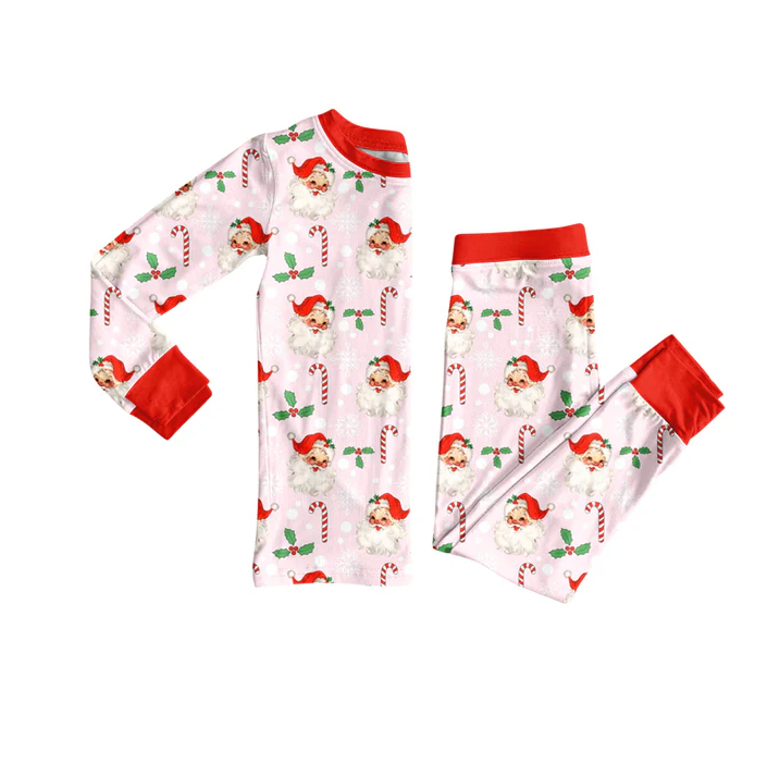 6.2 Preorder (moq 5)Baby Girls Long Sleeves Red Santa Candy Cane Top Pant Pajamas Sets