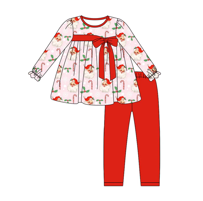 6.2Preorder (moq 5)Baby Girls Long Ruffle Sleeves Red Santa Candy Cane Tunic Legging Pant Sets