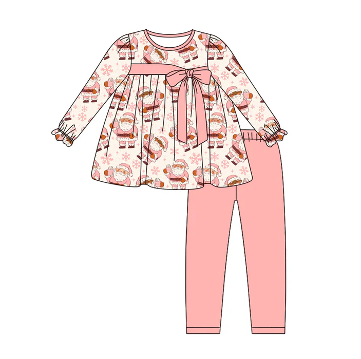 6.2 Preorder (moq 5)Baby Girls Long Ruffle Sleeves Pink Santa Snowflake Tunic Legging Pant Sets