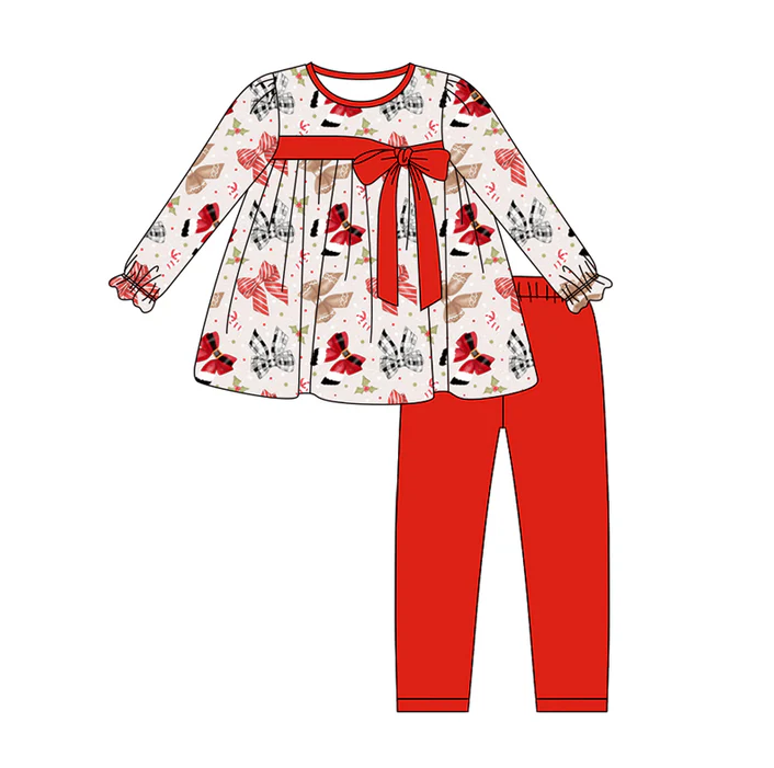 6.2 Preorder (moq 5)Baby Girls Long Ruffle Sleeves Colorful Bows Tunic Red Legging Pant Sets