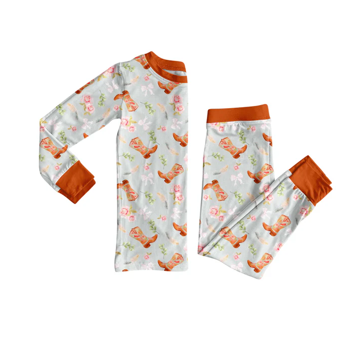 6.2 Preorder (moq 5)Baby Girls Long Sleeves Boots Flowers Bows Top Pant Pajamas Sets
