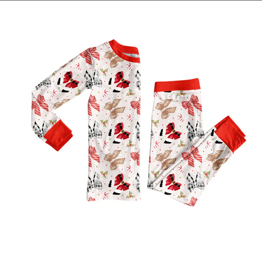 6.2 Preorder (moq 5)Baby Girls Long Sleeves Colorful Bows Candy Cane Top Pant Pajamas Sets