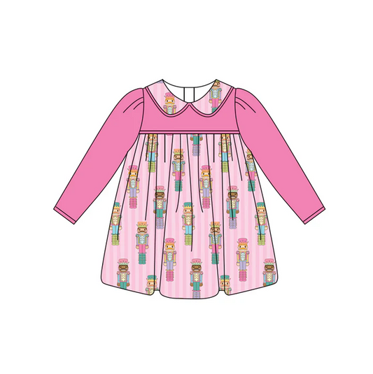 6.3 Preorder (moq 5)Baby Girls Hot Pink Long Sleeves Soldier Stripe Knee Length Dresses