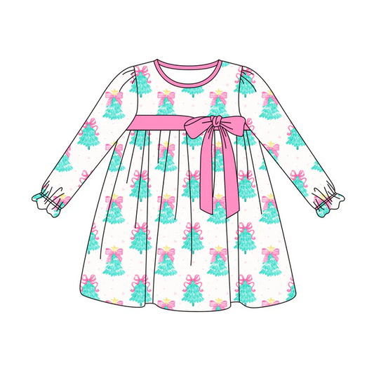 6.3 Preorder (moq 5)Baby Girls Long Ruffle Sleeves Bows Trees Plaid Knee Length Dresses