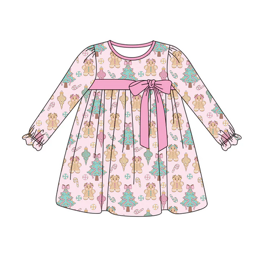 6.3 Preorder (moq 5)Baby Girls Pink Long Ruffle Sleeves Trees Gingerbread Knee Length Dresses