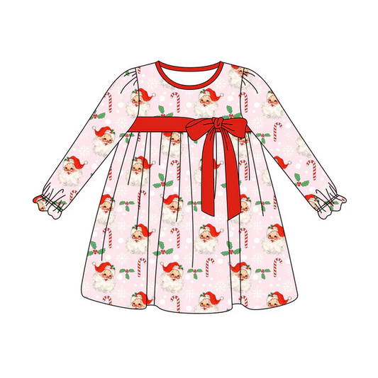 6.3 Preorder (moq 5)Baby Girls Pink Long Ruffle Sleeves Santa Candy Cane Knee Length Dresses