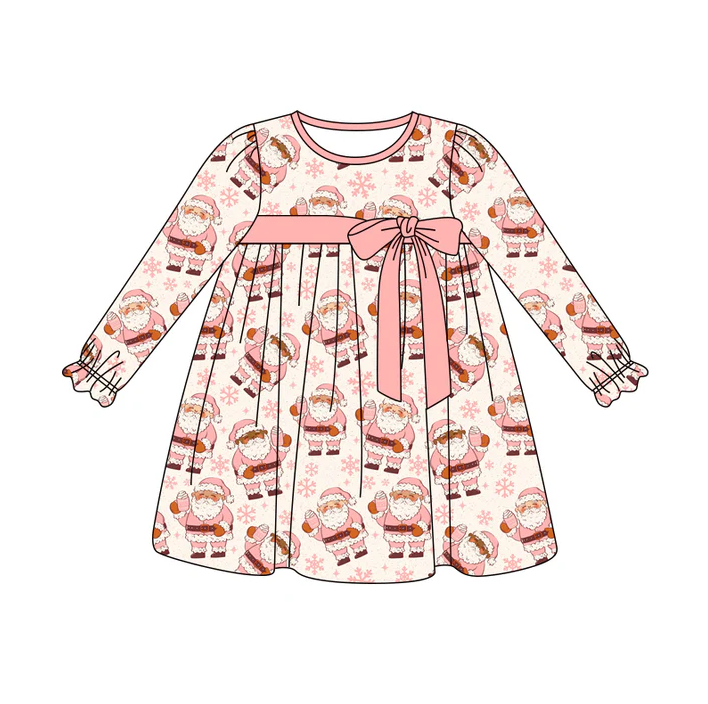 6.3 Preorder (moq 5)Baby Girls Long Ruffle Sleeves Pink Santa Snowflake Knee Length Dresses
