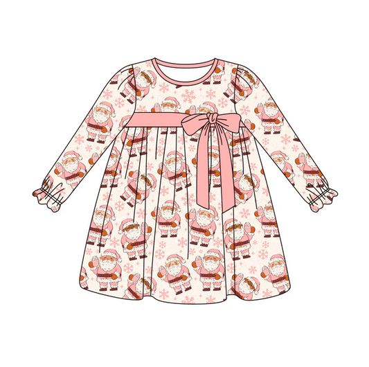 6.3 Preorder (moq 5)Baby Girls Long Ruffle Sleeves Pink Santa Snowflake Knee Length Dresses