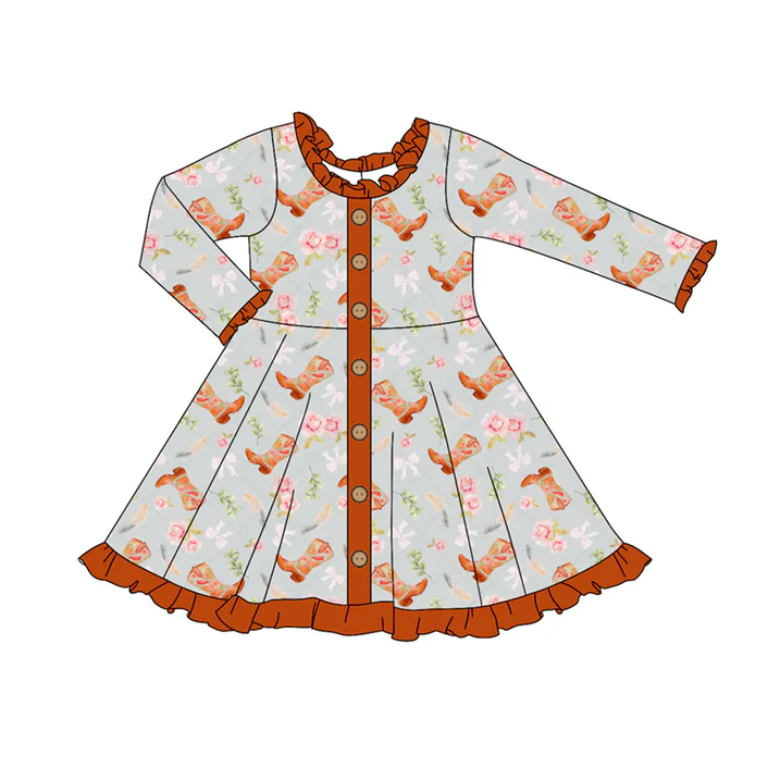6.3 Preorder (moq 5)Baby Girls Long Sleeves Flowers Boots Button Ruffle Knee Length Dresses
