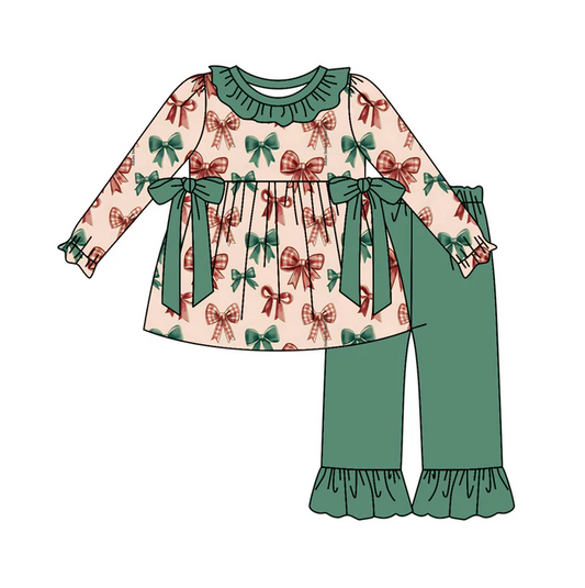 6.6 Preorder (moq 5)Baby Girls Long Sleeves Colorful Bows Tunic Green Ruffle Pant Set