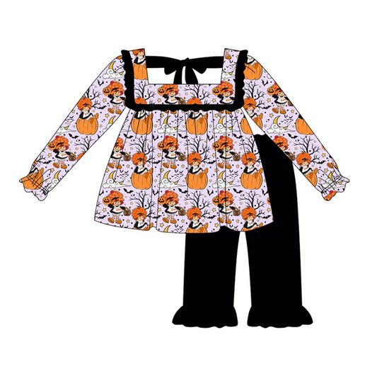 6.6 Preorder (moq 5)Baby Girls Lavender Long Sleeves Pumpkin Bats Tunic Black Ruffle Pant Set