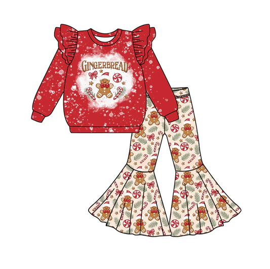 6.6 Preorder (moq 5)Baby Girls Red Long Sleeves Bows Gingerbread Top Bell Bottom Pant Set