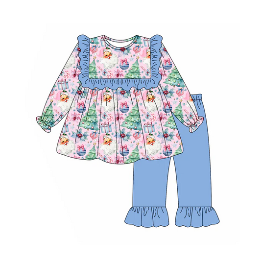 6.6 Preorder (moq 5)Baby Girls Blue Long Sleeves Santa Trees Gifts Tunic Ruffle Pant Set