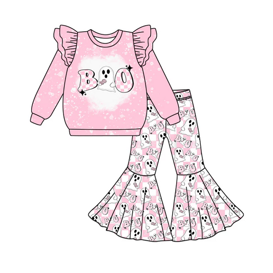 6.6 Preorder (moq 5)Baby Girls Pink Long Sleeves Ghost BOO Top Bell Bottom Pant Set