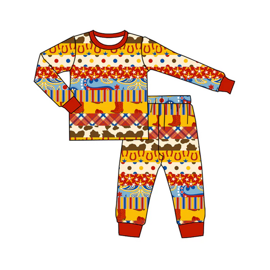 6.6 Preorder (moq 5)Baby Boys Red Long Sleeves Camo Polka Dots Stripe Top Pant Pajamas Set