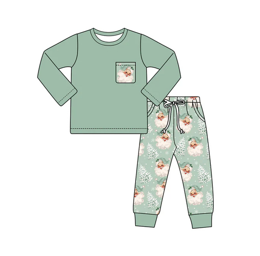 6.6 Preorder (moq 5)Baby Boys Aqua Long Sleeves Pocket Top Santa Trees Plaid Pant Set