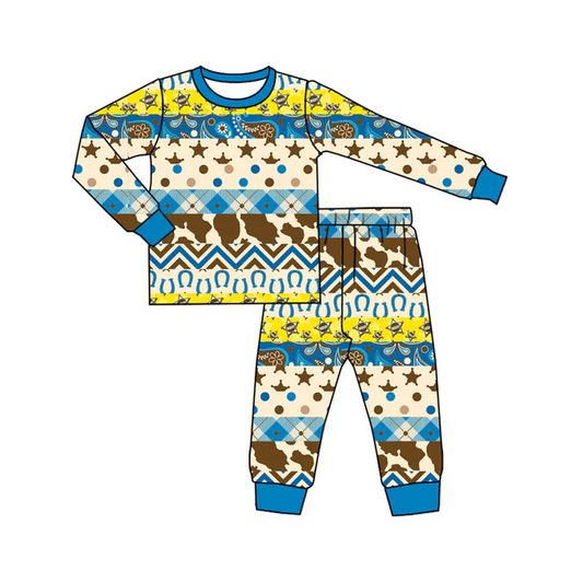 6.6 Preorder (moq 5)Baby Boys Blue Short Sleeves Stars Camo Aztec Top Pant Pajamas Set