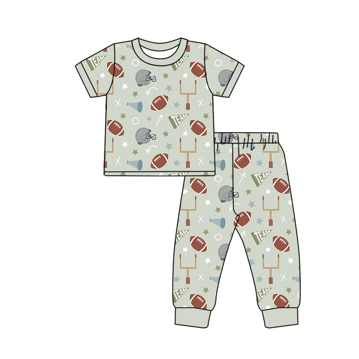 6.6 Preorder (moq 5)Baby Boys Green Short Sleeves Footballs Stars Top Pant Pajamas Set