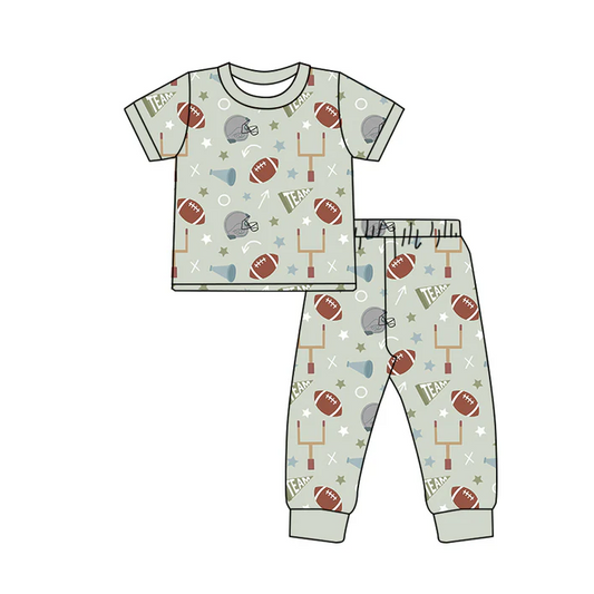 6.6 Preorder (moq 5)Baby Boys Green Short Sleeves Footballs Stars Top Pant Pajamas Set