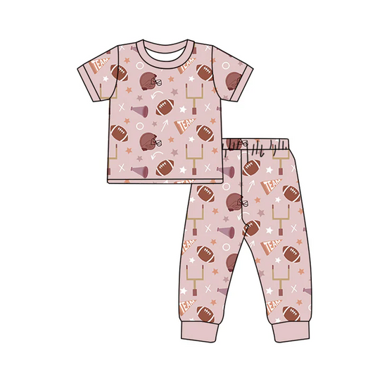 6.6 Preorder (moq 5)Baby Girls Lavender Short Sleeves Footballs Stars Top Pant Pajamas Set