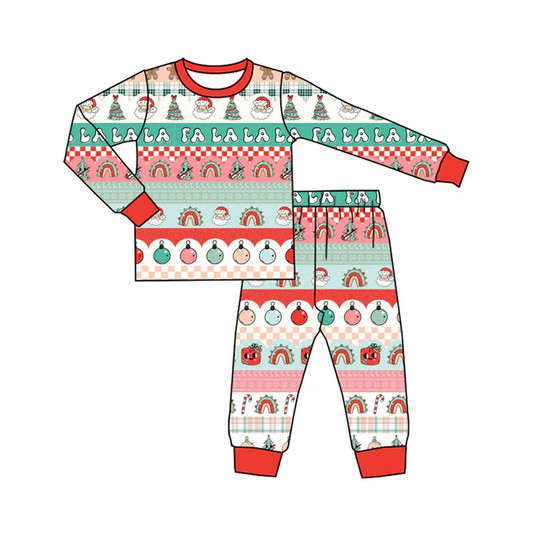 6.6 Preorder (moq 5)Baby Boys Green Long Sleeves Santa Trees Stripe Top Pant Pajamas Set