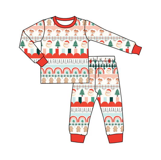 6.6 Preorder (moq 5)Baby Boys Red Long Sleeves Santa Deer Trees Stripe Top Pant Pajamas Set