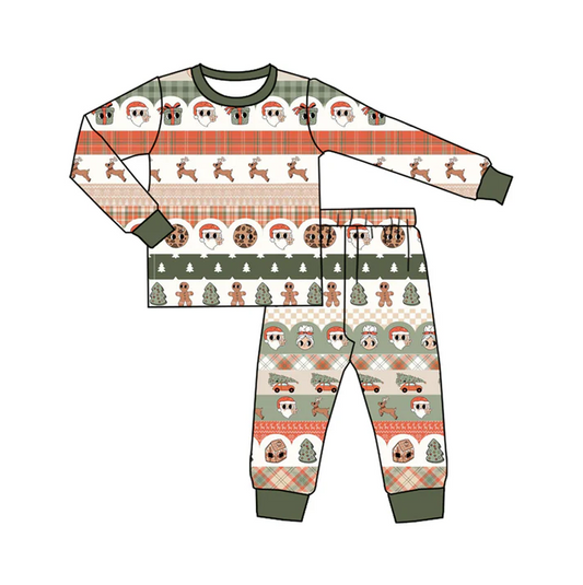 6.6 Preorder (moq 5)Baby Boys Green Long Sleeves Santa Gift Deer Stripe Top Pant Pajamas Set