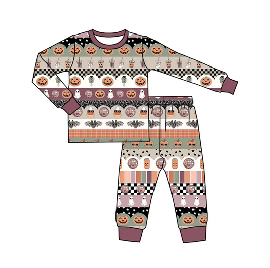 6.6 Preorder (moq 5)Baby Boys Lavender Long Sleeves Ghost Pumpkins Stripe Top Pant Pajamas Set