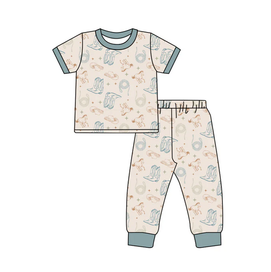 6.6 Preorder (moq 5)Baby Boys Blue Short Sleeves Horse Boots Top Pant Pajamas Set