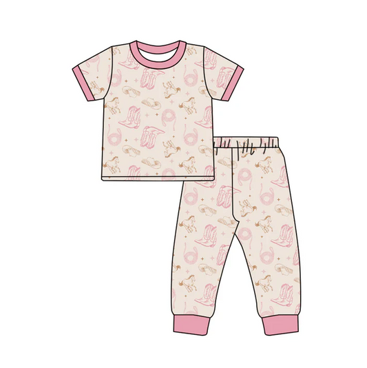 6.6 Preorder (moq 5)Baby Girls Pink Short Sleeves Horse Boots Top Pant Pajamas Set