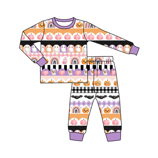 6.6 Preorder (moq 5)Baby Boys Long Sleeves Pumpkins Ghosts Stripe Top Pant Pajamas Set