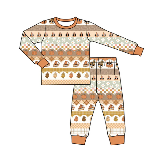6.6 Preorder (moq 5)Baby Boys Long Sleeves Khaki Flowers Pumpkins Top Pant Pajamas Set