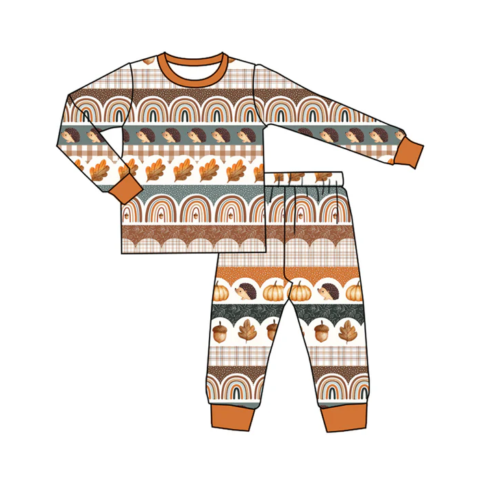 6.6 Preorder (moq 5)Baby Boys Khaki Long Sleeves Leaves Rainbows Top Pant Pajamas Set