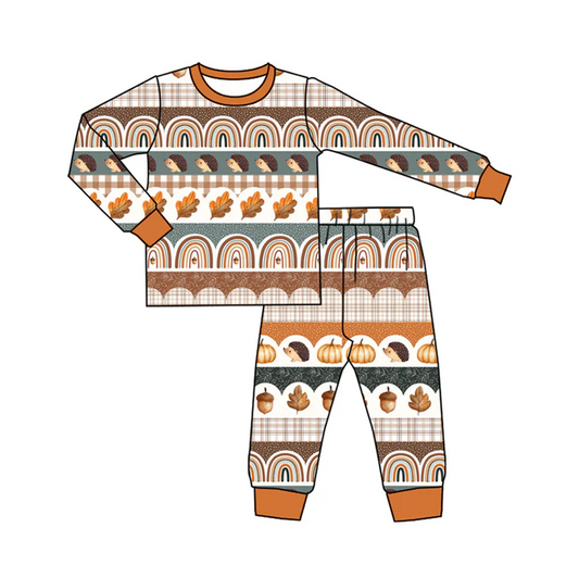 6.6 Preorder (moq 5)Baby Boys Khaki Long Sleeves Leaves Rainbows Top Pant Pajamas Set